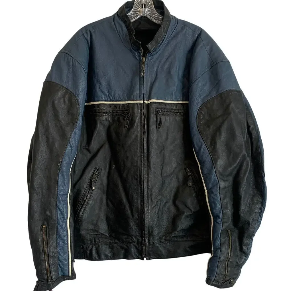 VTG Bikers Dream Mens 2XL Sz 54 Leather Jacket Motorcycle Coat Blue Racer Zip Up